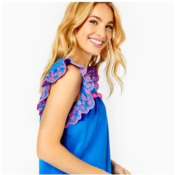 LILLY PULITZER Women’s Ave dress Blue with Pink Ruffle Eyelet small - Picture 2 of 6